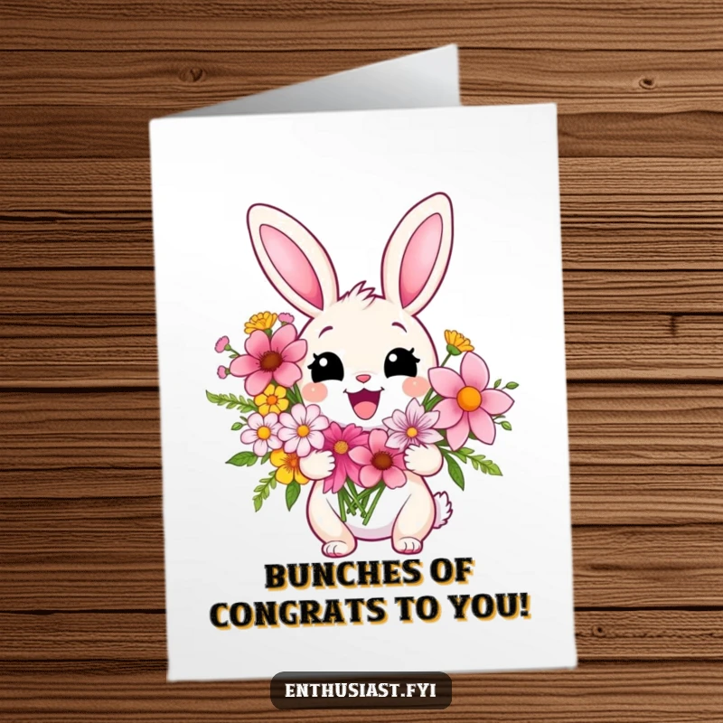 Funny Free Printable Congratulations Card: A very pleased rabbit holds a large, colorful bouquet of flowers.