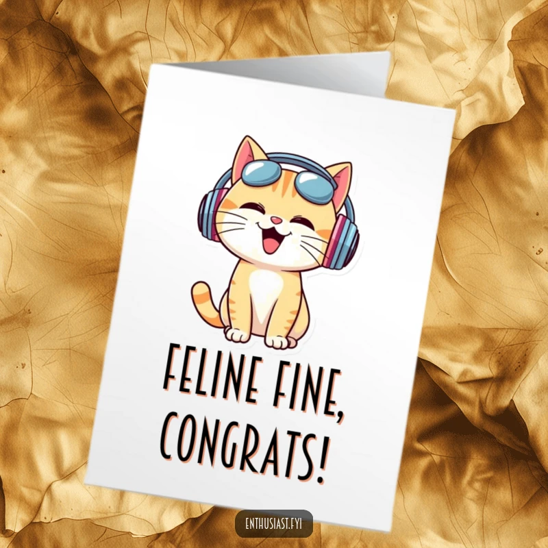 Funny Free Printable Congratulations Card: Cheerful cat with huge headphones bobs head to music, celebrating success.