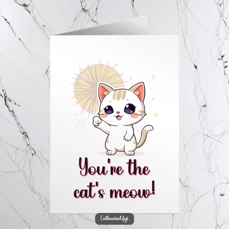 Funny Free Printable Congrats Card: Cat with sparkling eyes enthusiastically points at a bursting fireworks display.