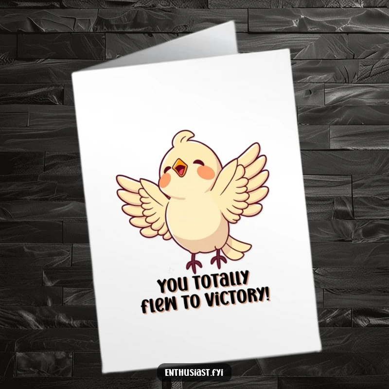 Funny Free Printable Congratulations Card: A delighted bird swooping with open wings towards a glittering, shiny object.