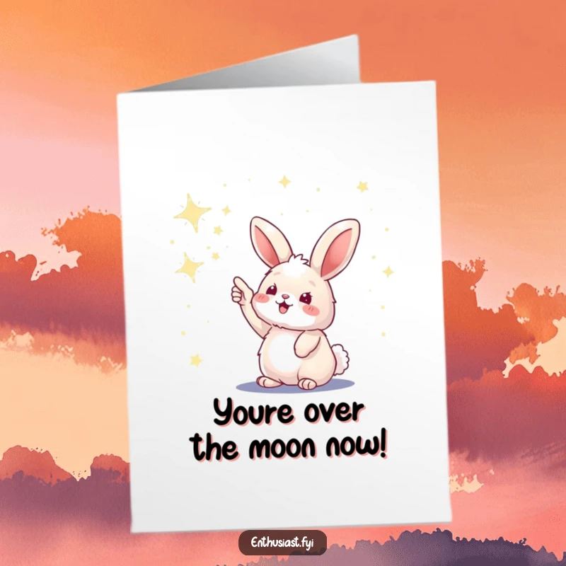 Funny free printable congratulations card with a fluffy bunny pointing at a sky full of stars, celebrating reaching new heights and accomplishments.