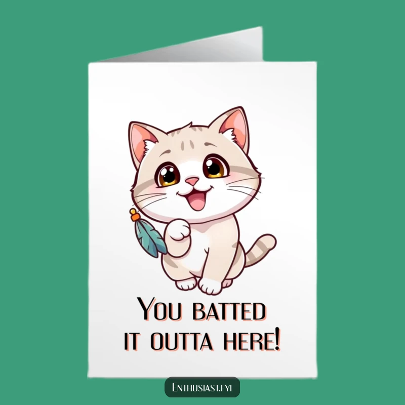 Free Printable Congrats Card: Cheerful Cat, Feather Toy, DIY Downloadable Celebration Gift