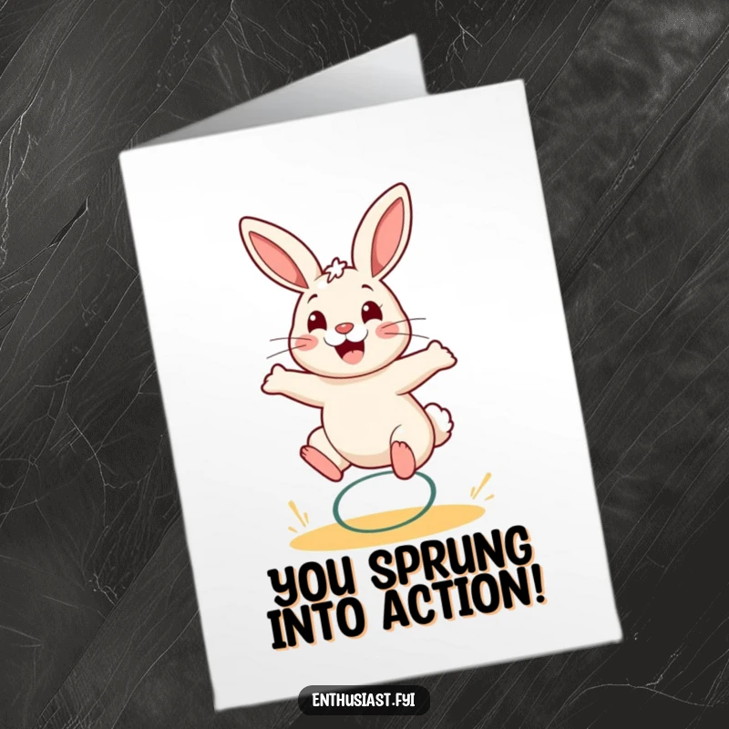 Funny Free Printable Congratulations Card: Cheerful rabbit bouncing energetically on a spring, celebrating success, a downloadable gift.