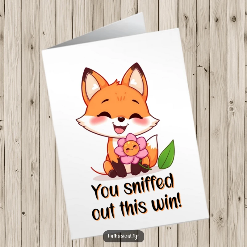 Free Printable Congratulations Card shows a gleeful fox with a huge grin eagerly sniffing a vibrant, blooming flower.