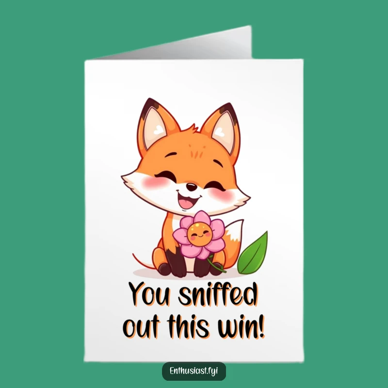 Free Printable Congrats Card: Happy Fox Flower Sniff - Cheerful Downloadable Greeting