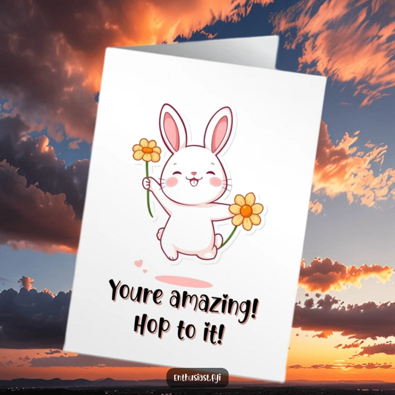 Funny Free Printable Congratulations Card: A happy rabbit enthusiastically jumping with a flower, celebrating a fantastic accomplishment.