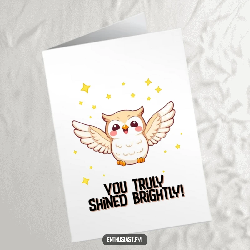Funny Free Printable Congratulations Card: An owl with outstretched wings flying through a sky of shining stars.