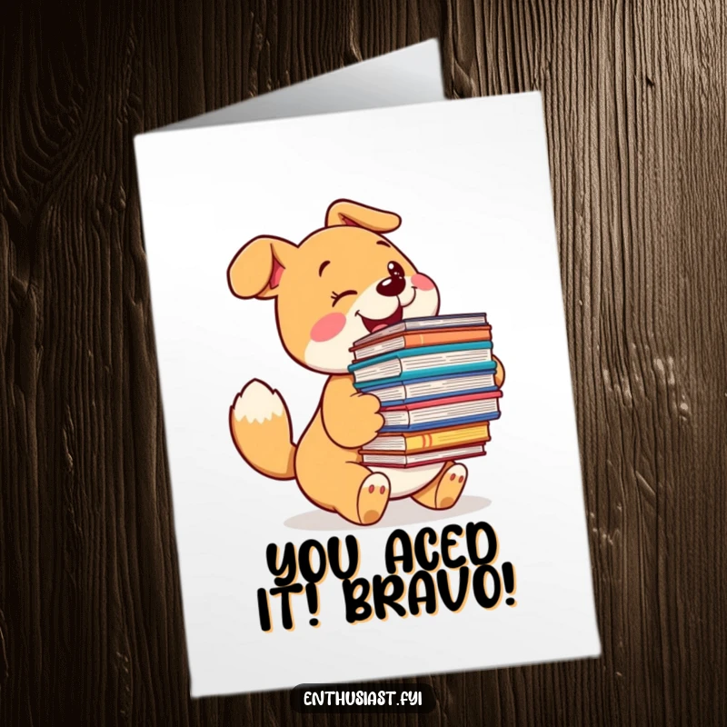 Funny Free Printable Congrats Card: Excited dog with a huge pile of books, celebrating success notion.