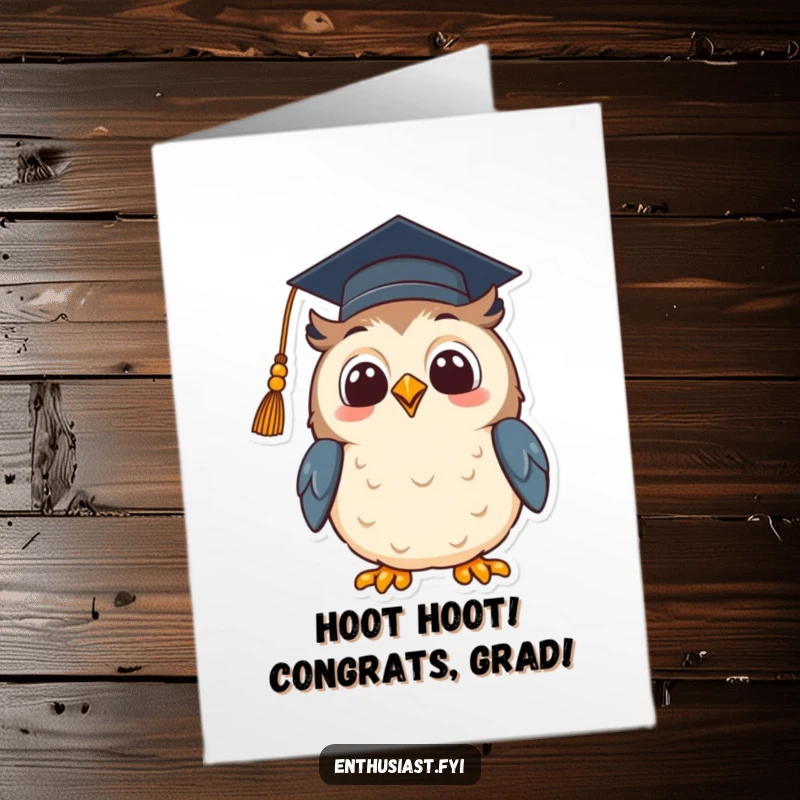 Funny Free Printable Congratulations Card: A beaming owl sporting a graduation cap gazes upwards with hopeful excitement.