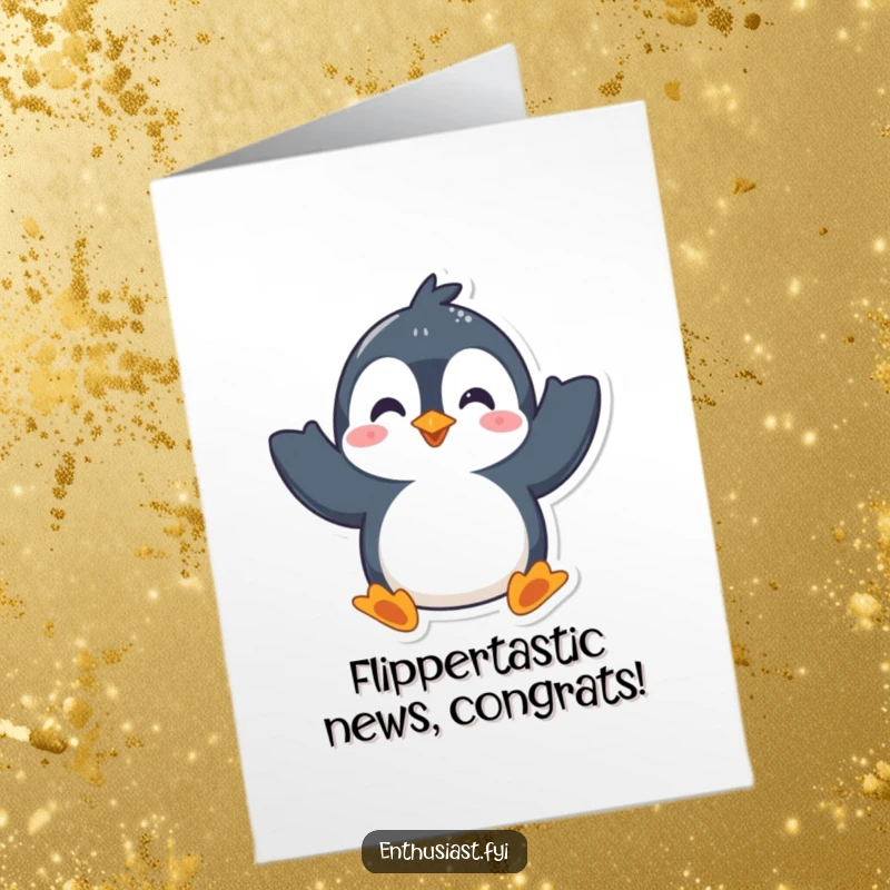Funny Free Printable Congratulations Card: An enthusiastic penguin waves both its flippers in celebration.