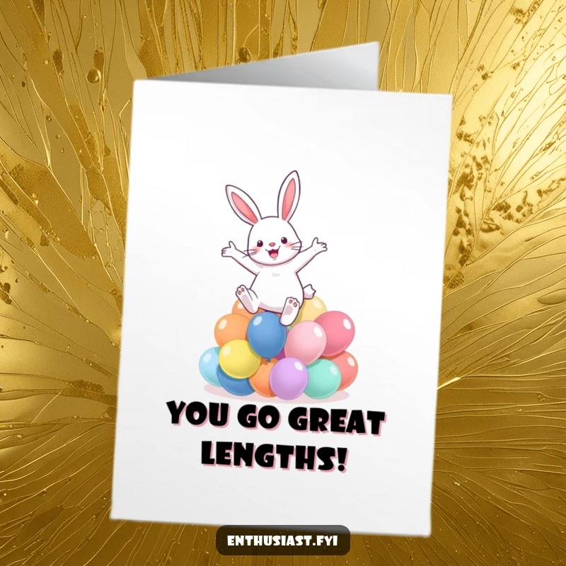 Funny Free Printable Congratulations Card: A joyful rabbit enthusiastically leaps over a mound of colorful balloons in celebration.