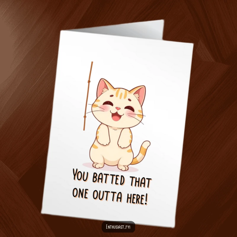 Funny Free Printable Congrats Card: A cheerful cat batting playfully at a dangling string, symbolizing playful celebration and success.