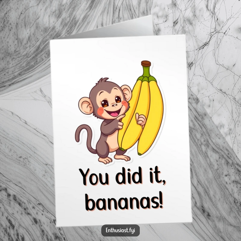 Funny free printable congratulations card with a curious monkey pointing at a huge bunch of bananas, celebrating success.
