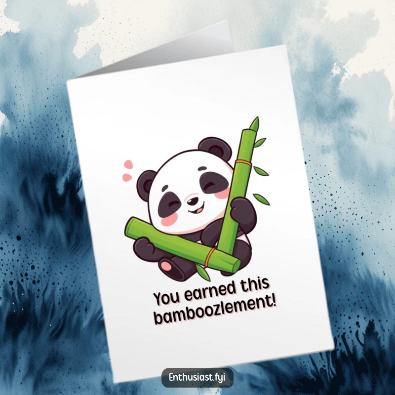 Free Printable Congratulations Card shows a proud and happy panda embracing a large bamboo stalk with a contented sigh.