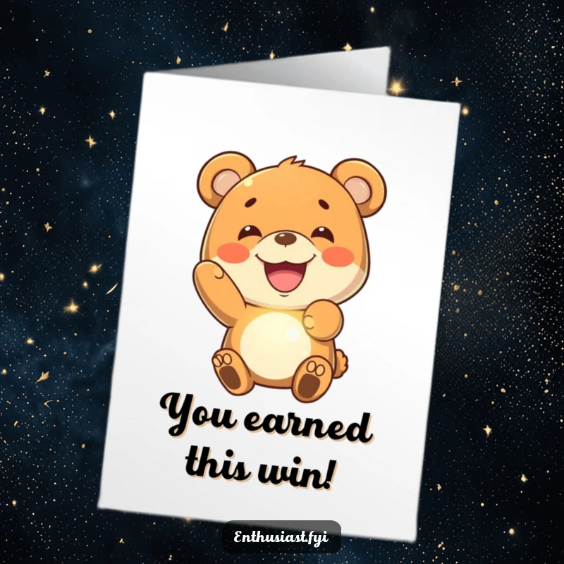 Funny Free Printable Congratulations Card: A joyful bear with a wide grin presents an imaginary glowing object.