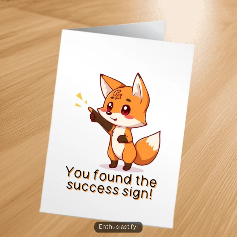 Funny Free Printable Congrats Card: An intrigued fox gleefully points towards a luminous, significant sign of achievement.