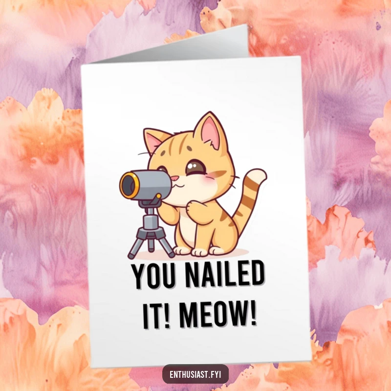 Funny Free Printable Congratulations Card: A curious cat character peering through a telescope, observing a great success.