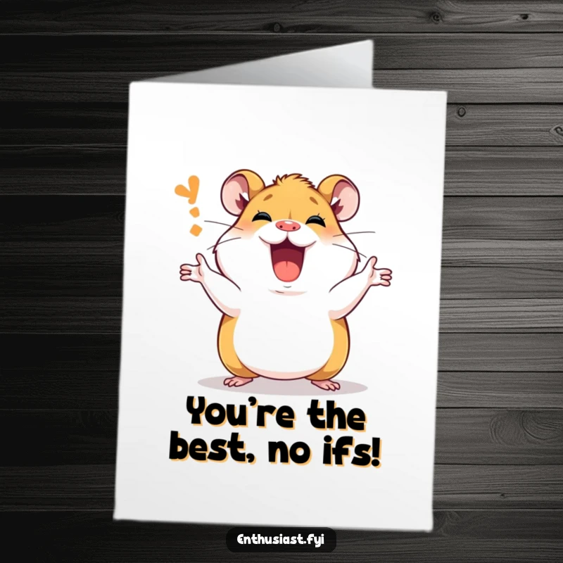 Funny Free Printable Congratulations Card: Passionate hamster character explaining achievements with animated gestures and a wide grin.