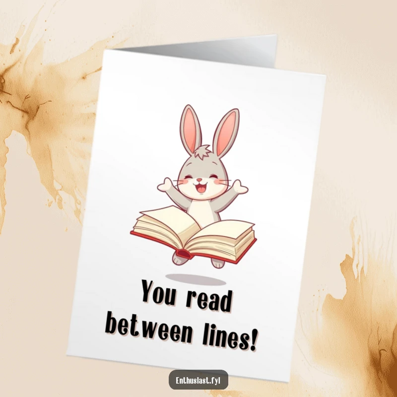 Funny Free Printable Congrats Card: Joyful bunny bounces with excitement over a book, celebrating a grand achievement.