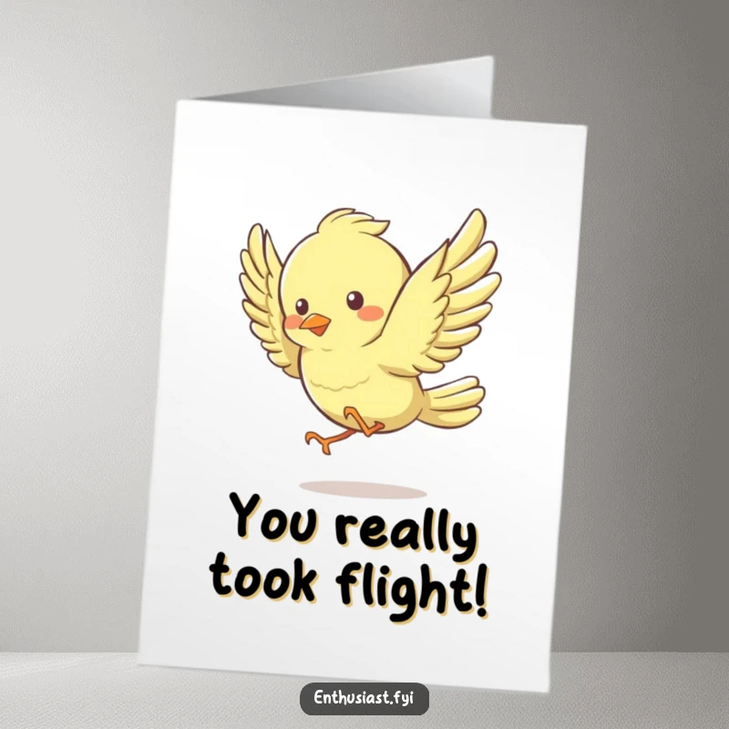 Funny Free Printable Congratulations Card: Lively bird character energetically flapping wings, signifying excitement and success.