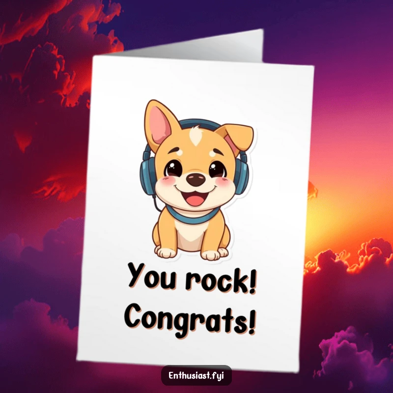 Funny Free Printable Congrats Card: Happy dog with headphones giving a thumbs up, celebrating a major win with music.