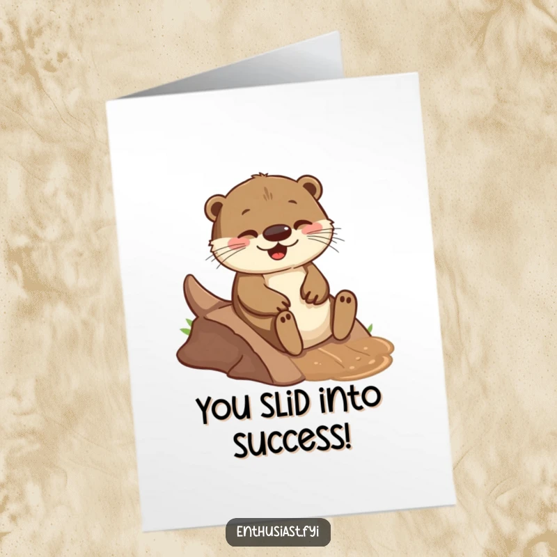 Free Printable Congratulations Card captures a playful otter joyfully sliding down a small, muddy incline with glee.