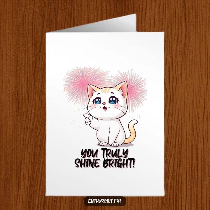 Funny Free Printable Congratulations Card: A playful cat with sparkling eyes points to dazzling fireworks.