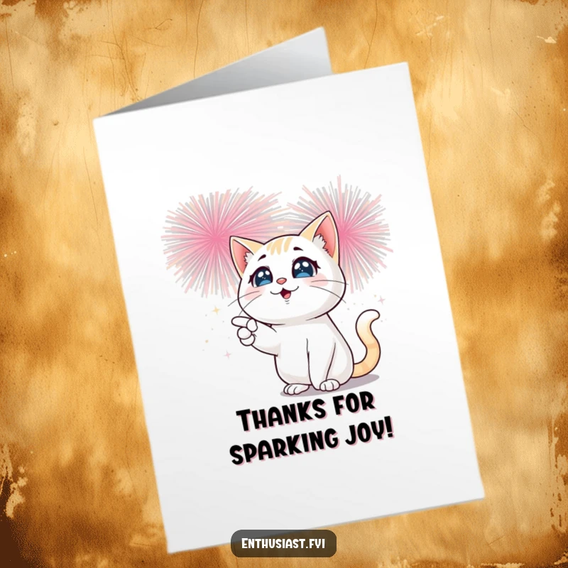 Funny Free Printable Thank You Card: A playful cat with sparkling eyes enthusiastically points at fireworks.