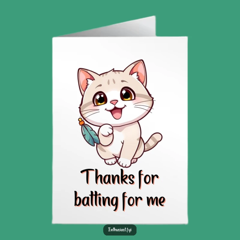 Free Printable Thank You Card: Cheerful Cat, Feather Toy, DIY Downloadable Appreciation Gift