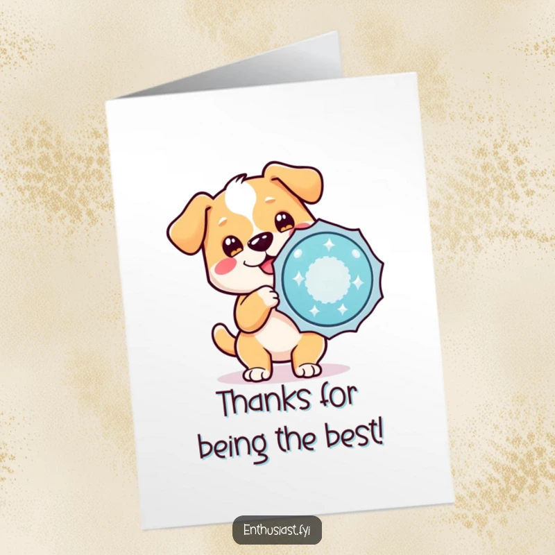 Funny Free Printable Thank You Card featuring a dog with a wagging tail holding a sparkling badge.