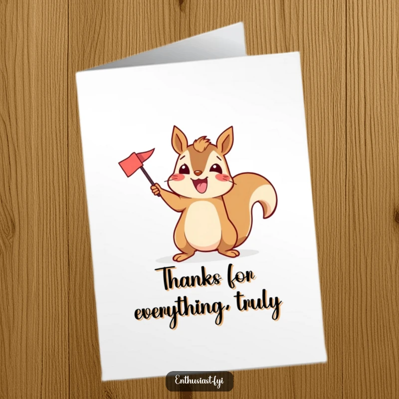 Funny Free Printable Thank You Card: Excited squirrel waves a mini flag with infectious enthusiasm, sending thanks.