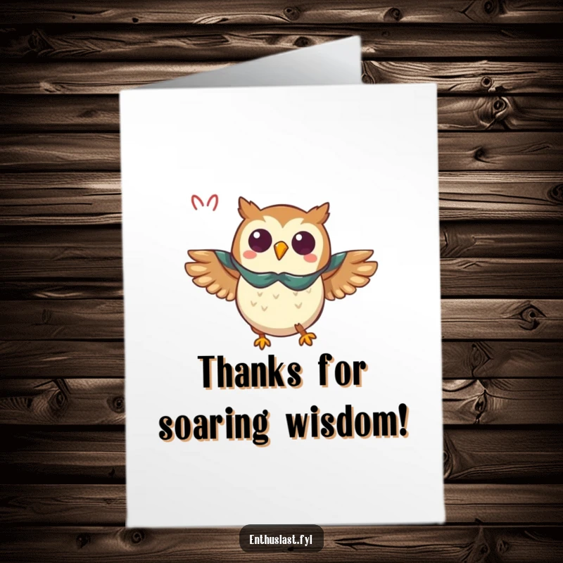 Funny Free Printable Thank You Card: Triumphant owl in a cape flying with great enthusiasm, expressing thanks.
