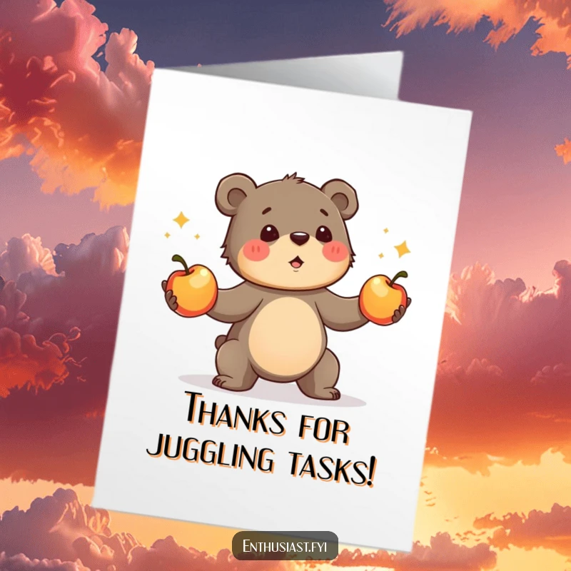Funny Free Printable Thank You Card with a focused bear cub juggling apples, an adorable DIY thank you gesture.