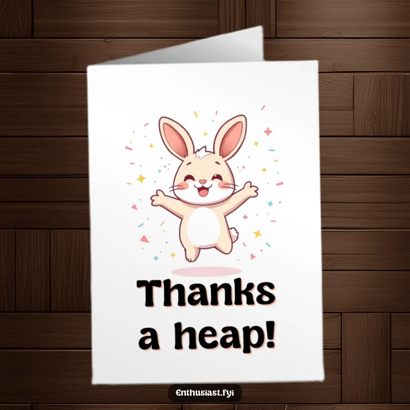 Funny Free Printable Thank You Card: A happy rabbit captured mid-jump, surrounded by festive, sparkling confetti.