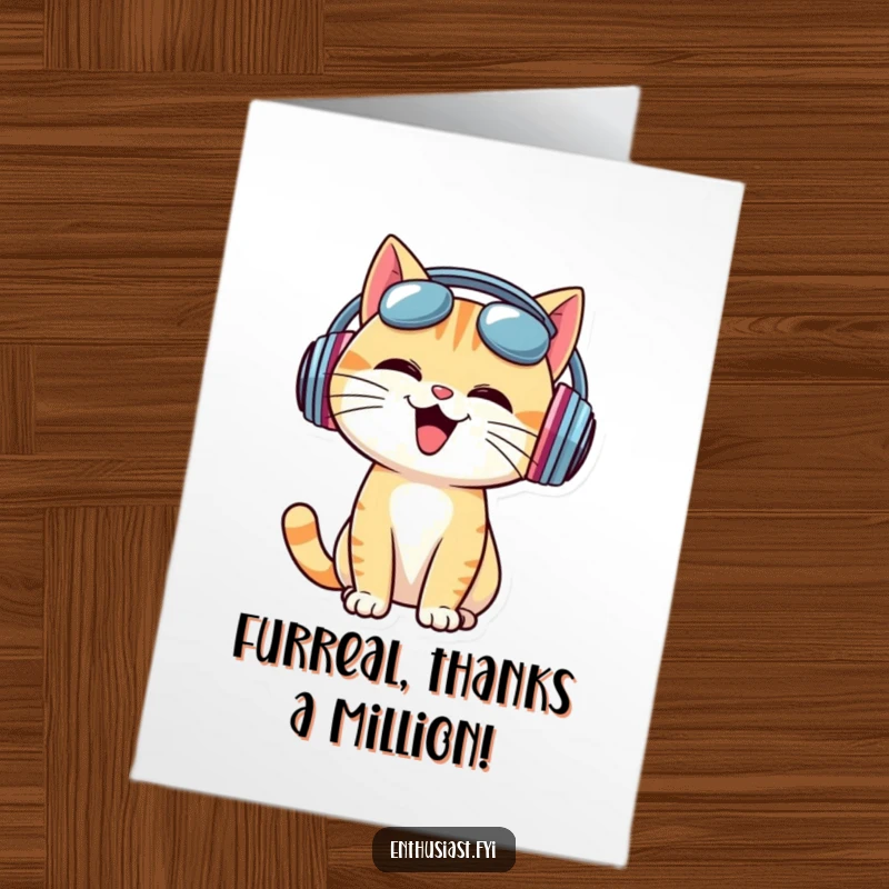 Funny Free Printable Thank You Card: A cheerful cat wearing oversized headphones bobs its head enthusiastically.