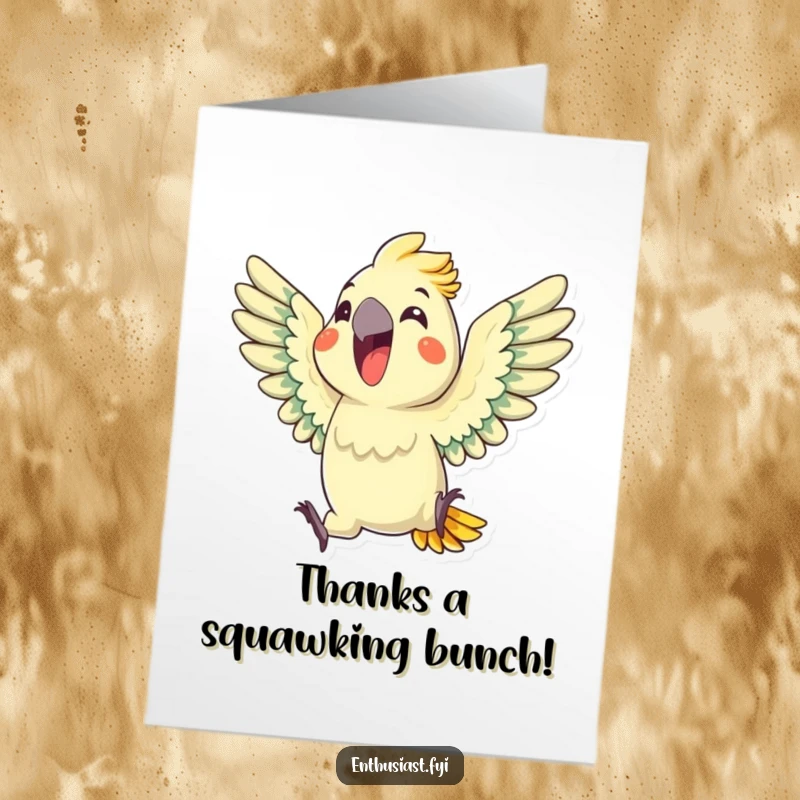 Funny free printable thank you card with a delighted parrot squawking happily, wings outstretched, expressing gratitude.