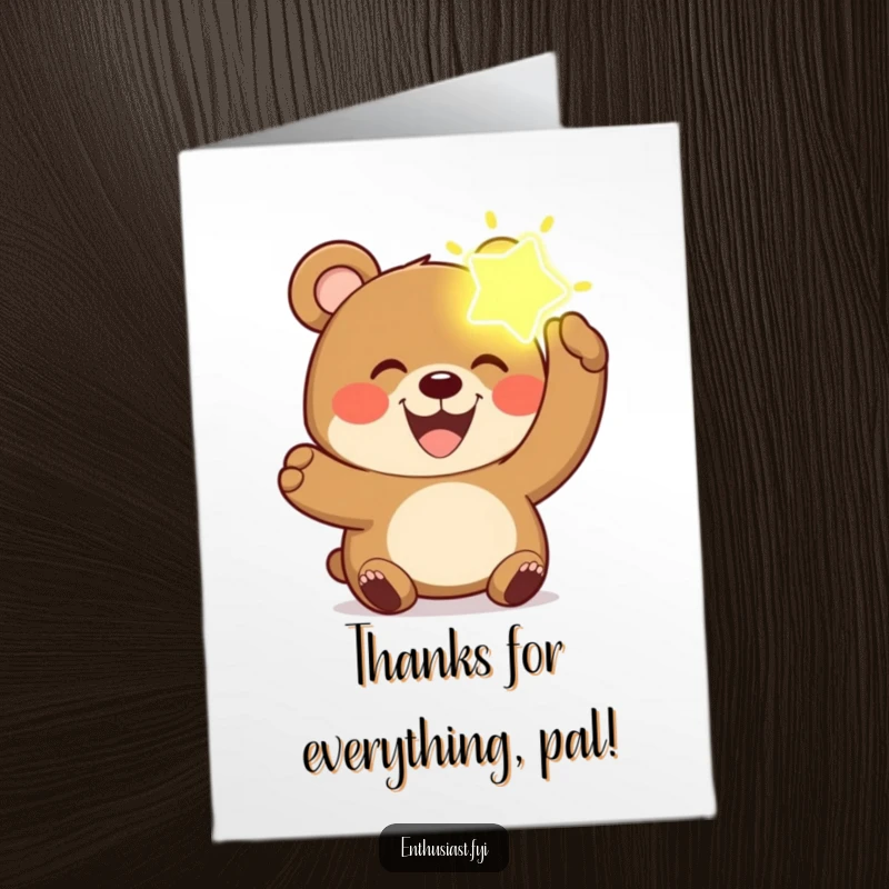 Funny Free Printable Thank You Card: Joyful bear with a wide grin holding up a glowing object.
