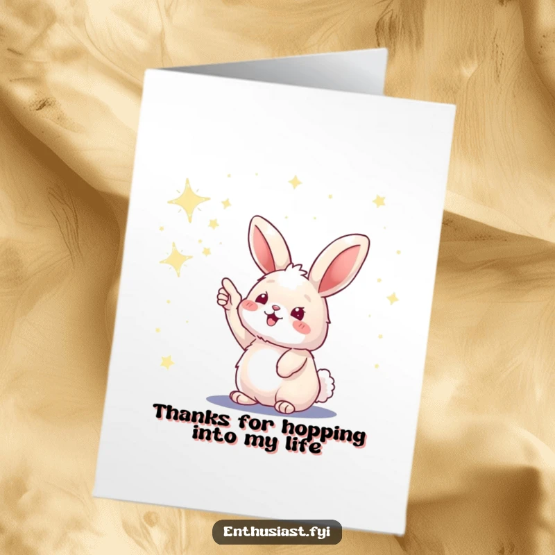 Funny free printable thank you card featuring a fluffy bunny pointing excitedly at a sky full of stars, a whimsical expression of thanks.