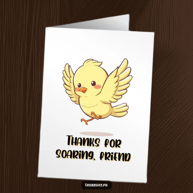 Funny Free Printable Thank You Card: Lively bird character enthusiastically flapping wings, conveying energetic thanks.