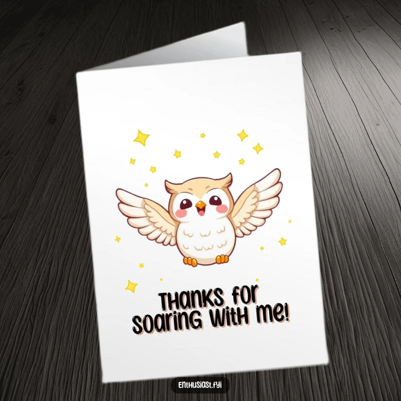Funny Free Printable Thank You Card of a joyful owl soaring among many tiny, shining stars.