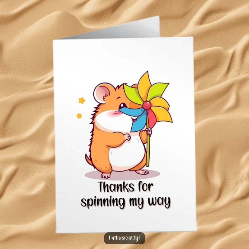 Funny Free Printable Thank You Card showcasing an energetic hamster mid-pinwheel spin, radiating gratitude.