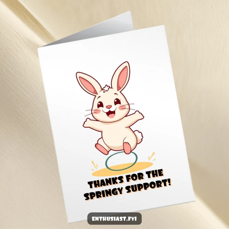 Funny Free Printable Thank You Card: Cheerful rabbit mid-bounce on a spring, conveying gratitude with a wide grin.
