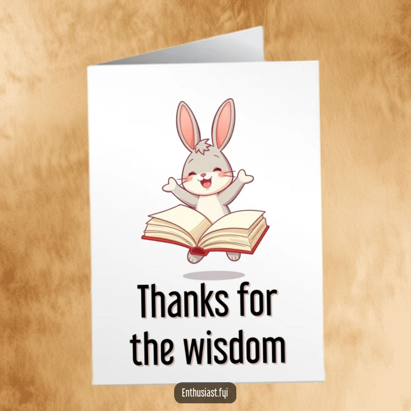 Funny Free Printable Thank You Card: Joyful bunny bounces enthusiastically with an open book, expressing heartfelt thanks.