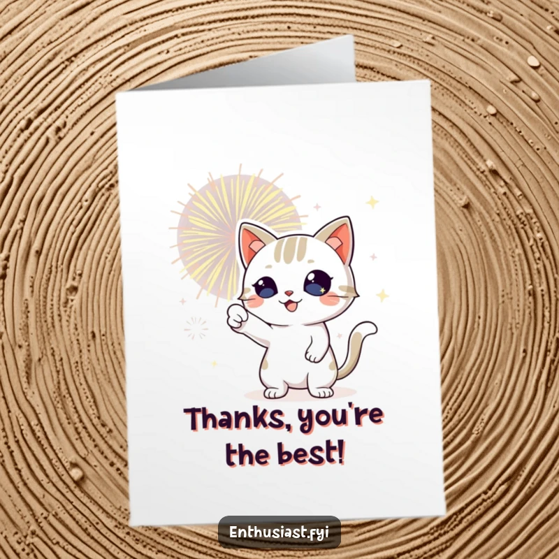 Funny Free Printable Thank You Card: Playful cat with sparkling eyes pointing at fireworks, thankful.