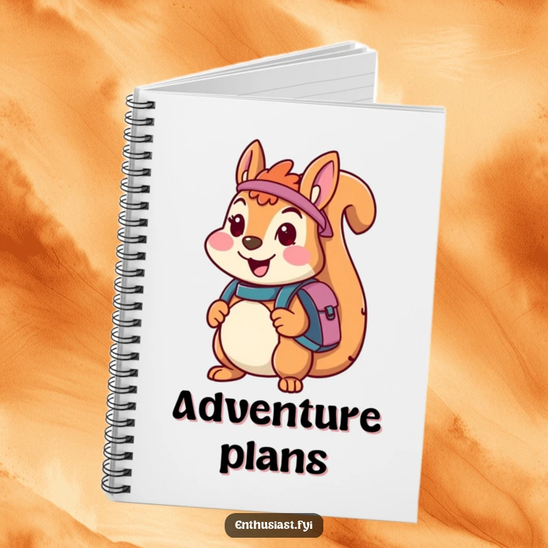 Funny notebook featuring a cheerful squirrel character with a backpack, ready for adventure, ideal for journaling travel experiences.
