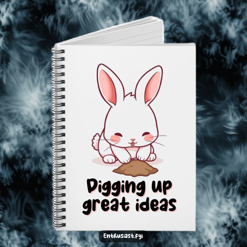 Funny rabbit notebook with a playful bunny's twitching ears, enthusiastically digging a small hole, perfect for note-taking.