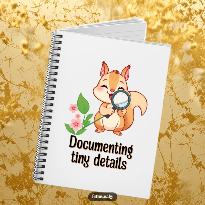 Funny squirrel notebook, capturing a squirrel examining a flower with a magnifying glass, ideal for journaling.