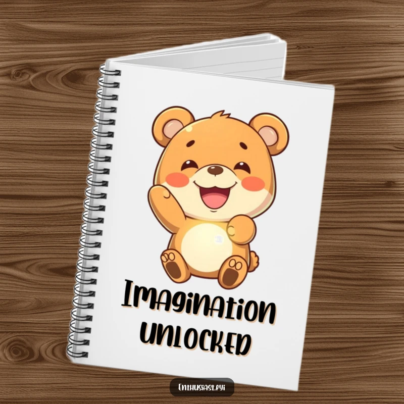 Funny bear notebook featuring a joyful bear with a wide grin, holding a glowing imaginary object, ideal for capturing bright ideas.