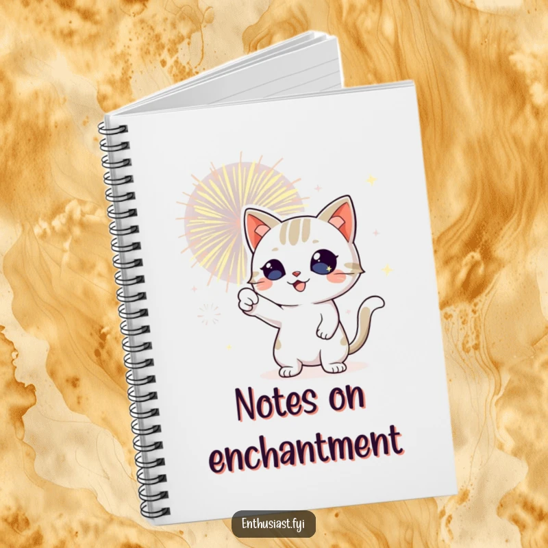 Funny cat notebook cover with a playful cat, sparkling eyes, pointing at fireworks for creative journaling.