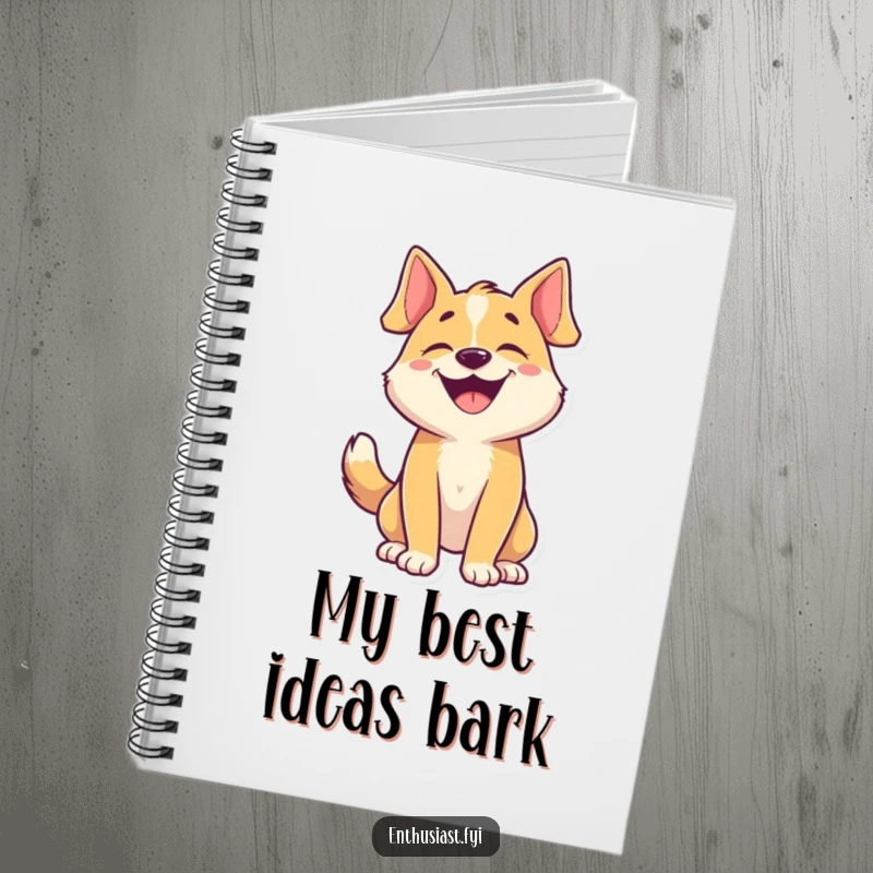 Funny dog notebook with a happy character barking and wagging its tail on the cover, perfect for notes.